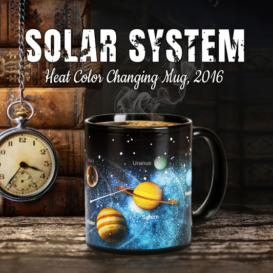 11oz Ceramic Mug with Solar System Color Changing design, ideal for Astronomy enthusiasts. Hand wash only, reusable, and recyclable. Astronaut decor included.