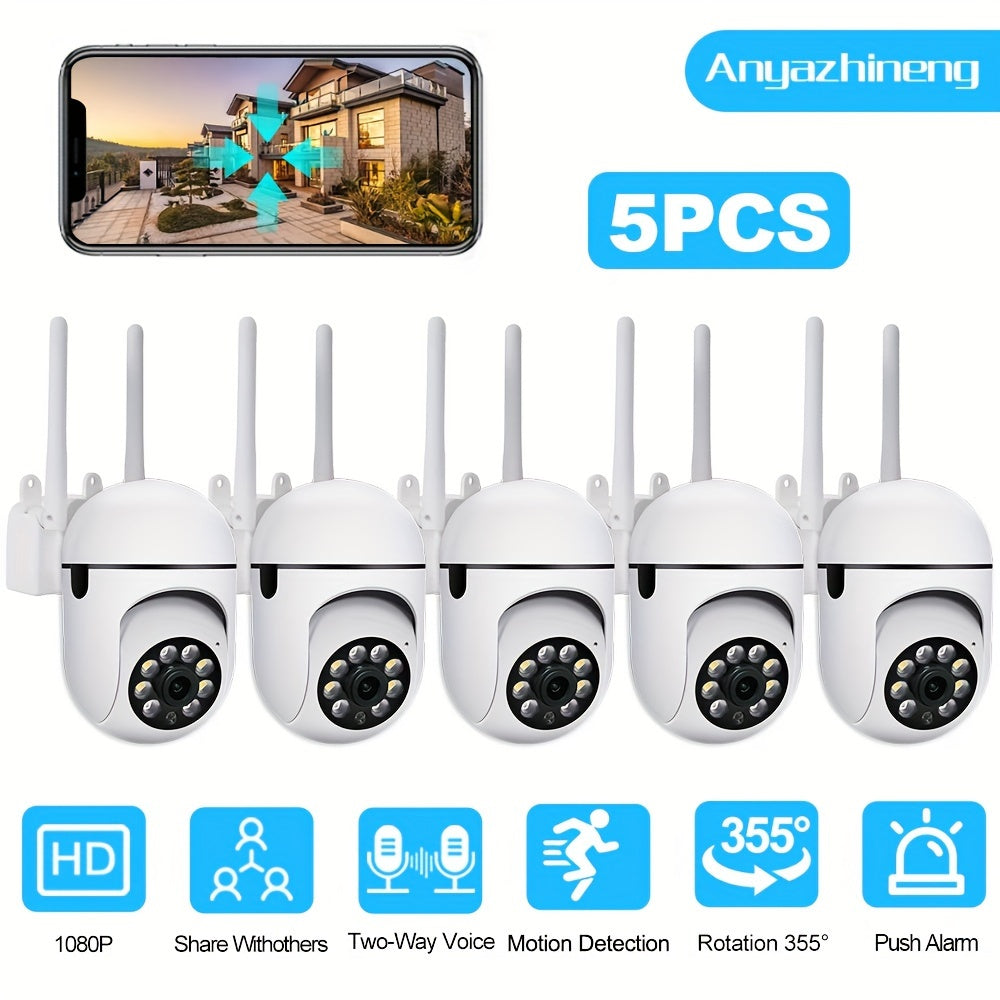 Wireless Security Camera System 5-Pack, Full HD 1080P, Round Night Vision Cameras with 355° Rotation, Two-Way Audio, Motion Detection, Smartphone Compatibility, USB Powered - Ideal for Home Monitoring of Elderly, Baby, and Pets