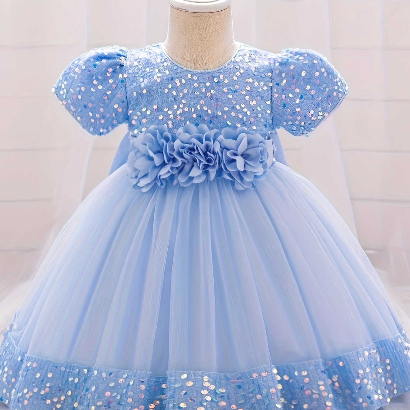 Sparkling gown dress with 3D flower decor and sequins, perfect for weddings, birthdays, and parties.