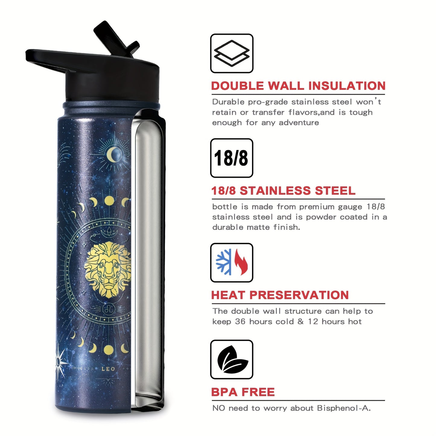 1pc Stainless Steel Zodiac Water Bottle with Lid, Straw, and Double Wall Vacuum Insulation - Ideal for Travel, Outdoor Activities, or as a Birthday Gift. Great for Halloween parties or as room decor.