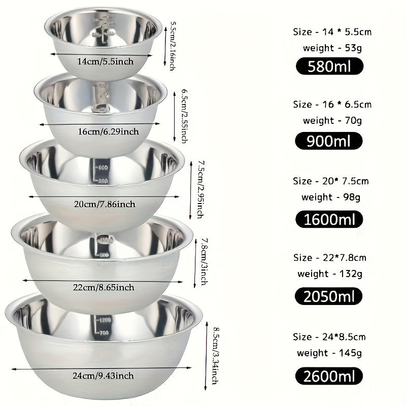 Set of 3 stainless steel mixing bowls with scales, ideal for cooking, baking, meal prep, and various kitchen tasks. Versatile for use as a cooking basin, washing bowl, fruit bowl, noodle bowl, and more. Essential kitchen accessories perfect for back to