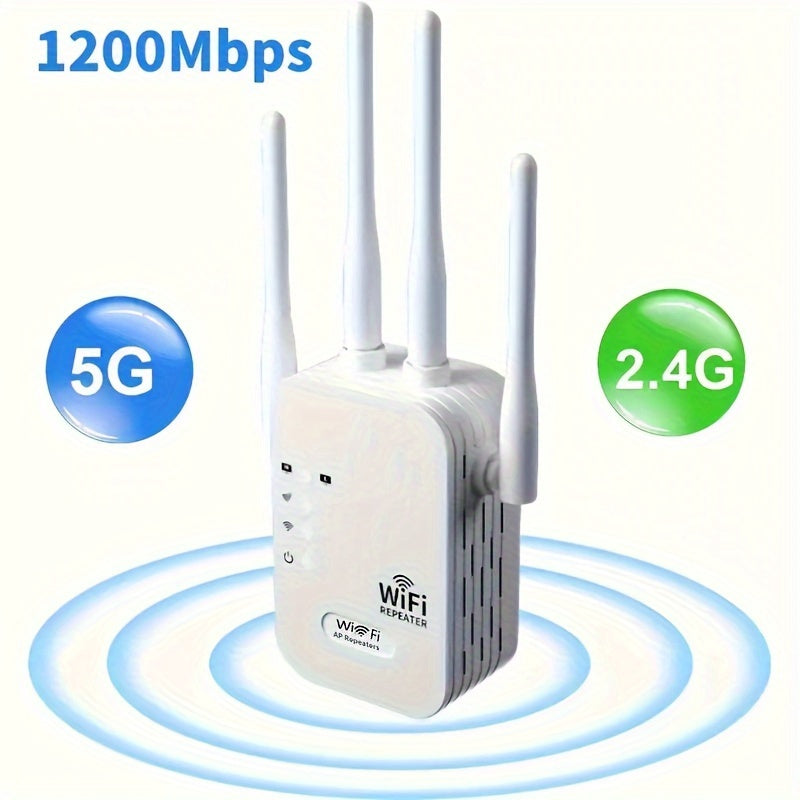 WiFi extender with 1200Mbps dual bands, strong signal penetration, supports up to 35 devices, 4 modes, easy setup, 360° coverage with ethernet port. Ideal for home, office, mall, coffee