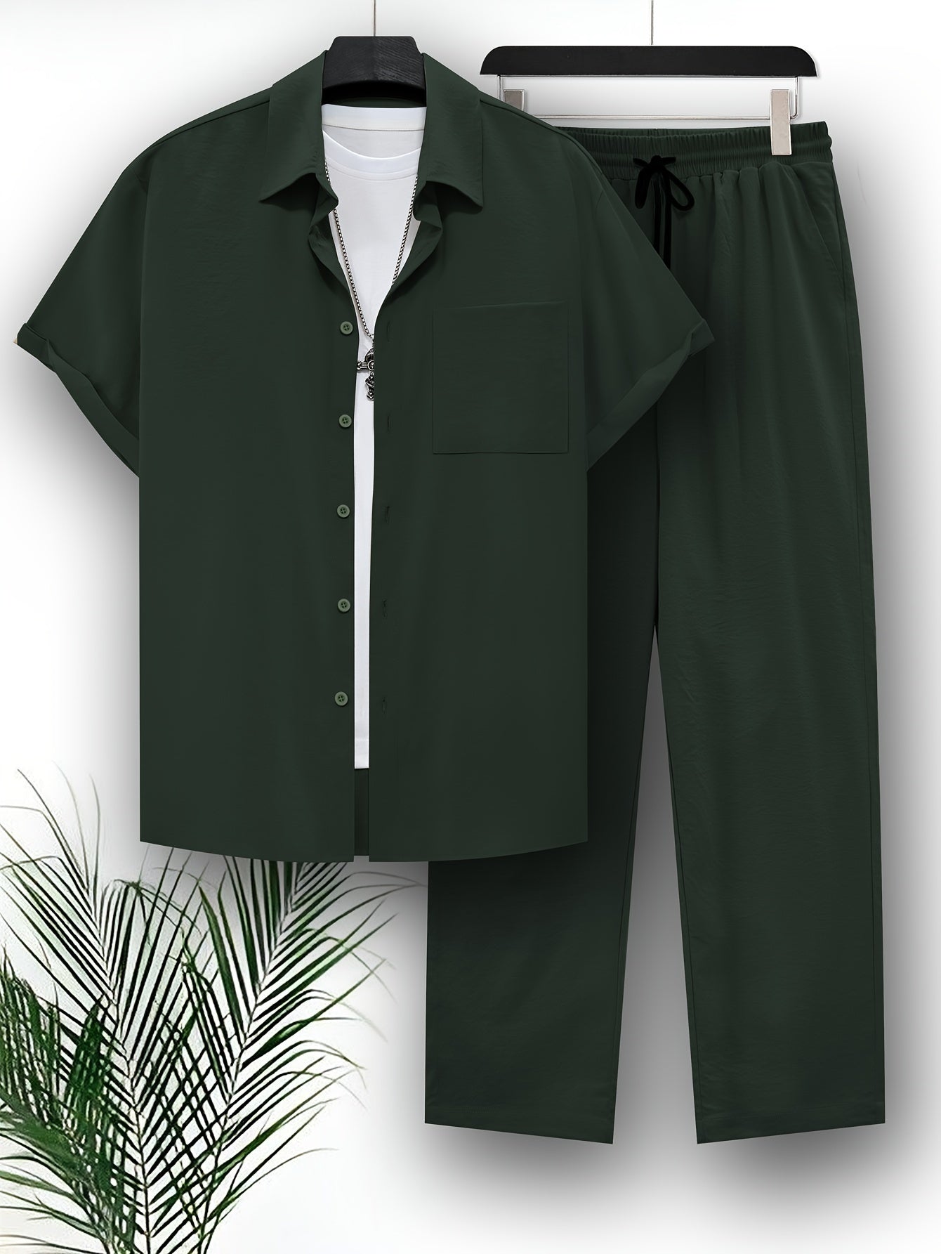 Summer outdoor outfit set for plus size men, featuring solid shirt and pants.