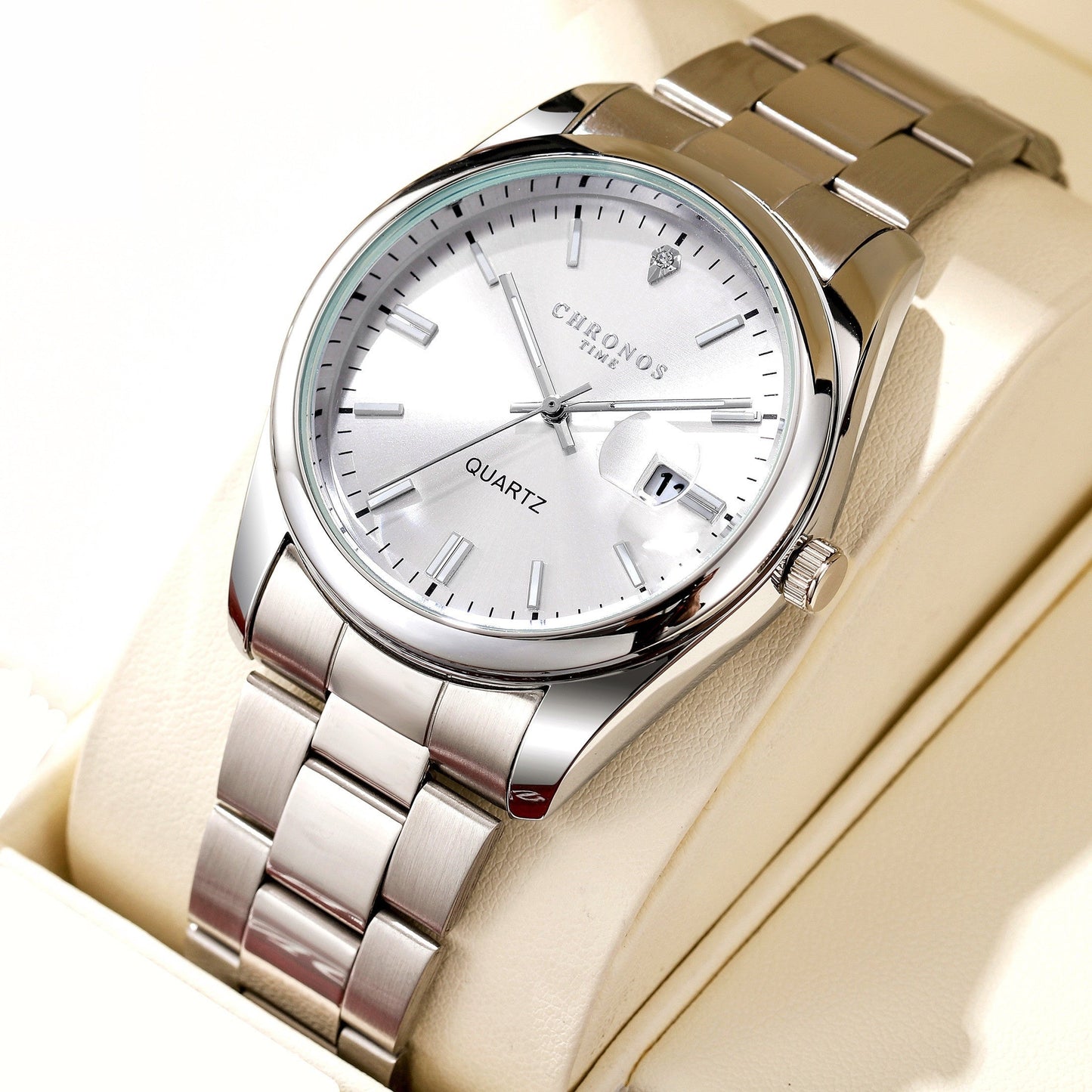 Men's Classic Popular Watch By CHRONOS Featuring Stainless Steel Strap, Business Calendar, and Luminous Dial