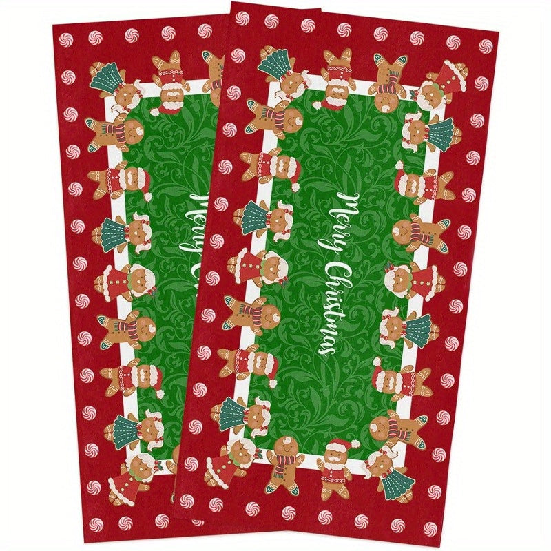 A set of 2 kitchen towels measuring 45.72 x 66.04 cm each, featuring a festive Christmas party decoration design. These towels are reusable and perfect for holiday gift-giving. The design includes Merry Christmas text, gingerbread men, and candy cane