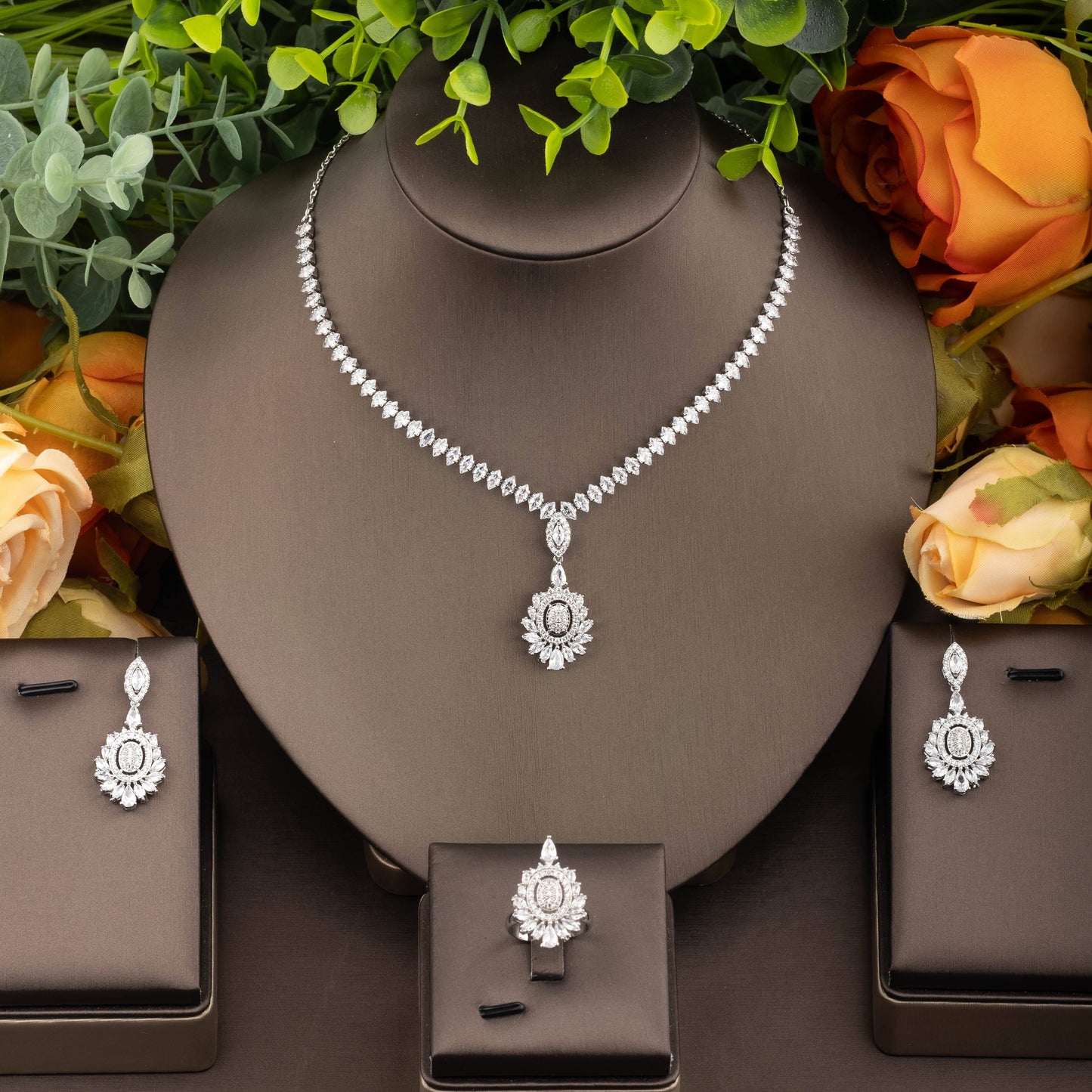 Exquisite Set of Inlaid Cubic Zirconia Pendant Necklace, Earrings, and Ring for Women, Perfect for Banquets