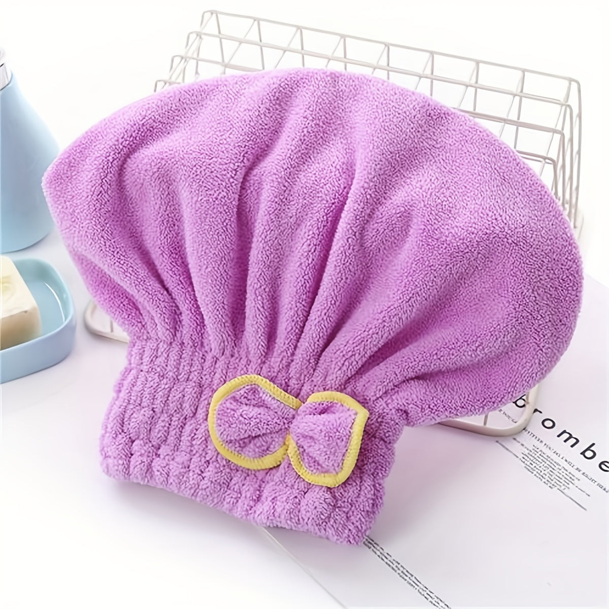 Soft microfiber hair towel wrap with ribbon - quick dry, super absorbent shower cap for women and girls.