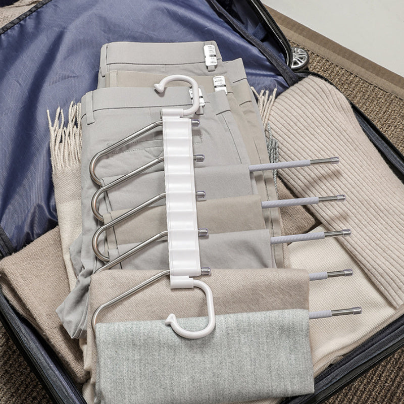 This multi-functional trouser hanger is made of stainless steel and can fold for convenient storage. It features multiple layers for organizing trousers and is a seamless addition to any wardrobe for efficient storage.