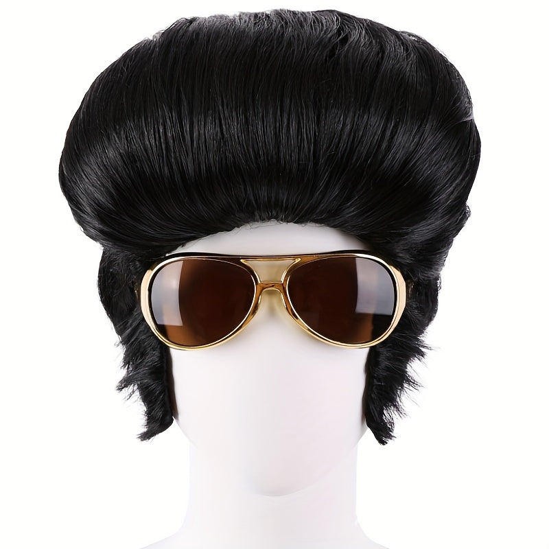 Set of 4 Nylon Coily Hair Wigs for Men - Perfect for Disco Rock Singer Cosplay. Includes Glasses, Mustache, and DISCO Necklace for Parties, Performances, and Halloween Costumes.