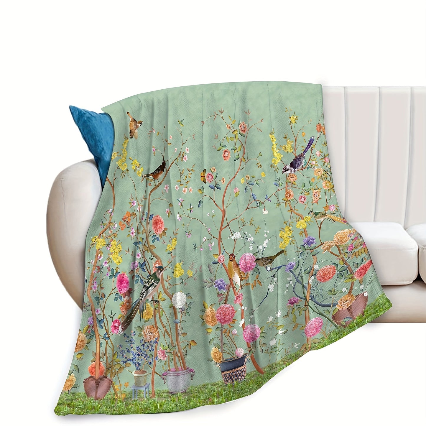 1-piece Creative Flower and Bird Patterned Flannel Blanket, Cozy and Soft Sofa Throw Blanket suitable for All Seasons, Perfect for Office, Bed, or Travel