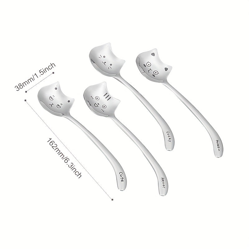 Set of 4 cute long-tail cat dessert spoons made of 304 stainless steel.