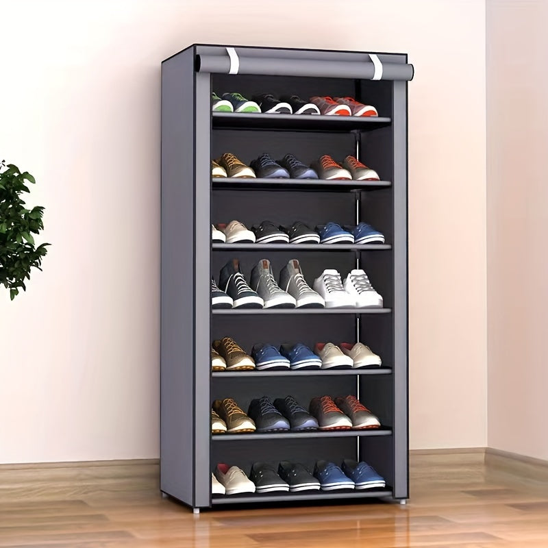 Metal shoe rack with dustproof cover, vertical storage, easy assembly, for entryway/bedroom/living room, lightweight under 13.61 KG, spacious capacity, weather-resistant, 68.58cm tall.