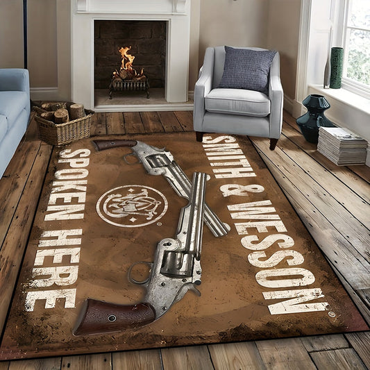 Soft and cozy 1pc Pistol Pattern Area Carpet with non-slip backing. This dirt resistant and machine washable carpet is perfect for both indoor and outdoor use as an entrance door mat or bedroom carpet. Featuring a military theme with denim revolver