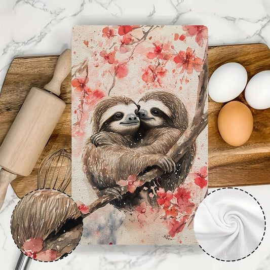 Set of 2 Ultra Plush Kitchen Towels featuring Cute Valentine's Day Sloths Design, Super Absorbent & Easy to Clean Dish Hand Towels in Cherry Blossom & Greenery colors, 40.64x60.96 cm - Perfect for Holiday Decoration, Kitchen Dish Towels