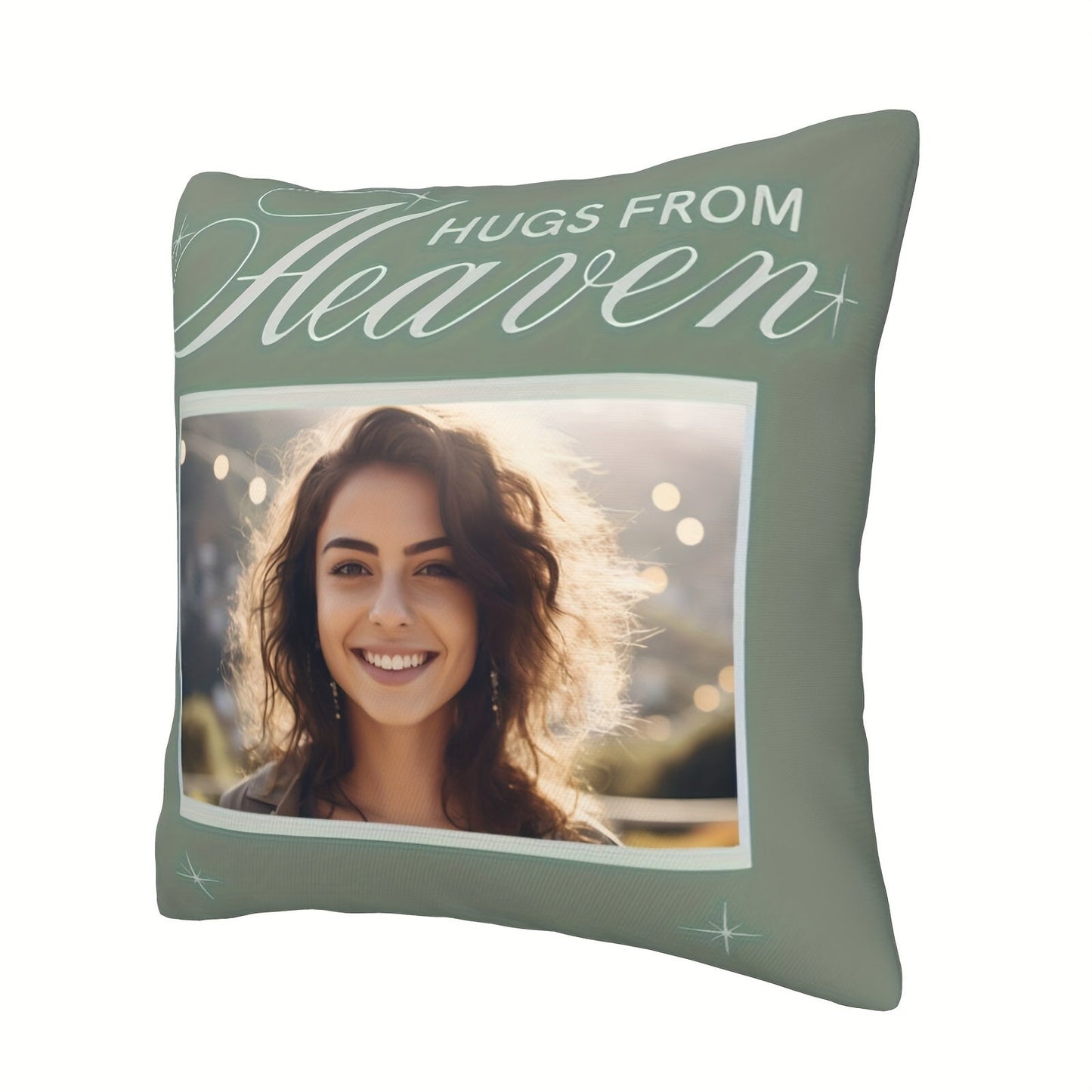 Customize your own photo pillowcase with "HUGS From Heaven" design - a special souvenir for your family, siblings, friends, and loved ones. Pillow core not included. Measures 45.72x45.72 cm with soft fabric and invisible zipper closure.