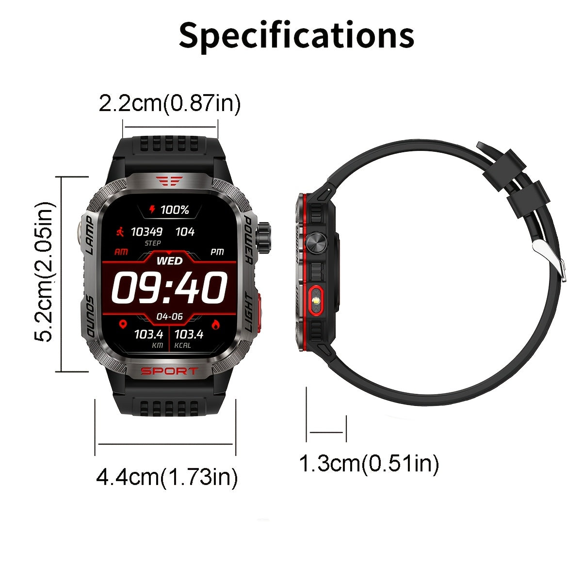 Durable outdoor smartwatch for iPhone & Android, with wireless call capabilities, LED flashlight, fitness tracking, waterproof design, and long-lasting battery.