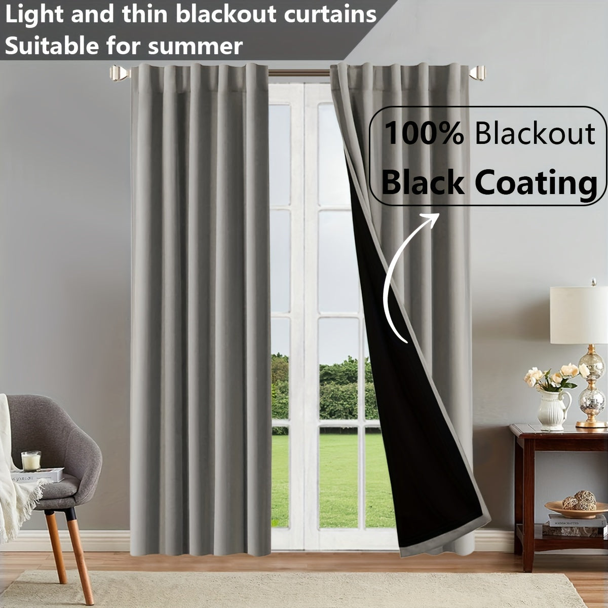 Two pieces of contemporary blackout curtains made from thermal insulated twill weave polyester. They are designed to reduce noise and block out light, making them perfect for the living room, bedroom, or study. These curtains feature a hook and ring rod