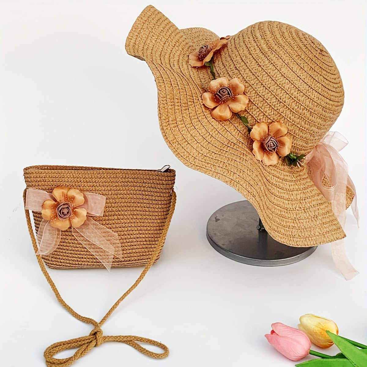 Women's 2-Piece Straw Hat and Pouch Set with Floral Accents, Adjustable Paper and PP Woven, Ideal for Outdoor and Vacation Use, Fashionable Country Style Elastic Hat with Matching Handbag -