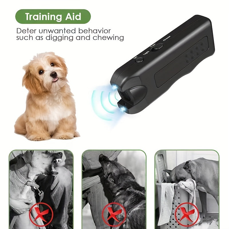 Portable ultrasonic device repels dogs and controls barking with LED light.