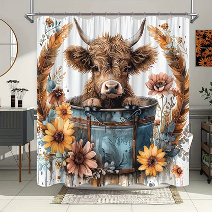 Rustic Highland Cow shower curtain with sunflowers, daisy, and eucalyptus design. Stylish bath screen for tub with hooks included. Waterproof fabric, 179.83x179.83 cm. Perfect for home bathroom decor.