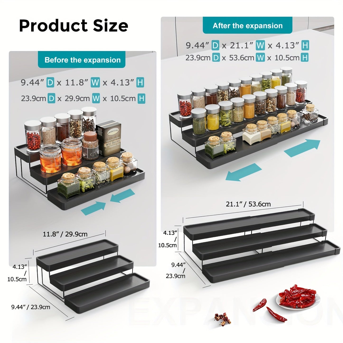 Expandable spice storage organizer, featuring 3 adjustable tiers for cabinets, countertops, cupboards, pantries, and shelves. Ideal for kitchen organization and storage, complete with kitchen accessories.