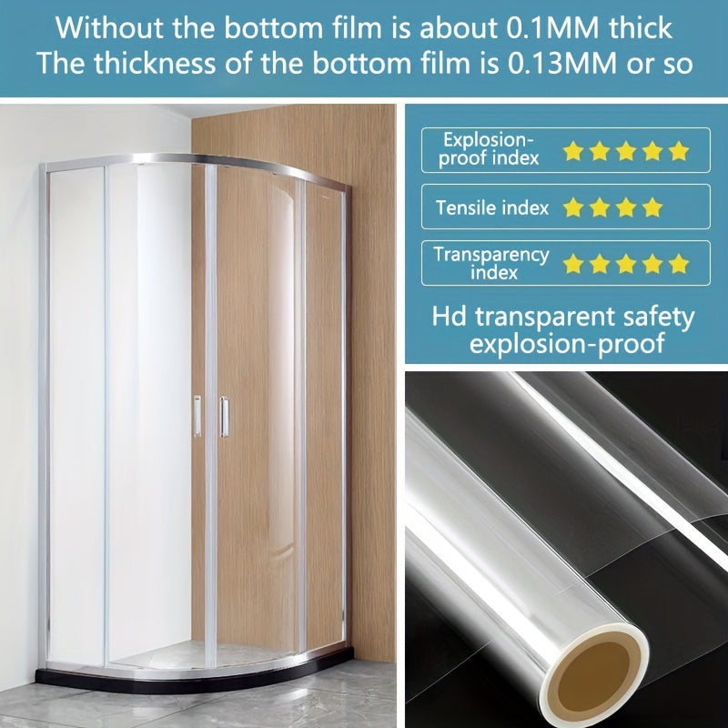 Modern PVC Safety Glass Film that is easily applied by peeling and sticking. This 2mil thick film is explosion-proof and self-adhesive, perfect for use on shower doors, windows, and for home protection.