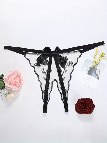 Sexy transparent thong with embroidered rose red double flowers and low waist trousers - fashionable and sexy women's underwear.