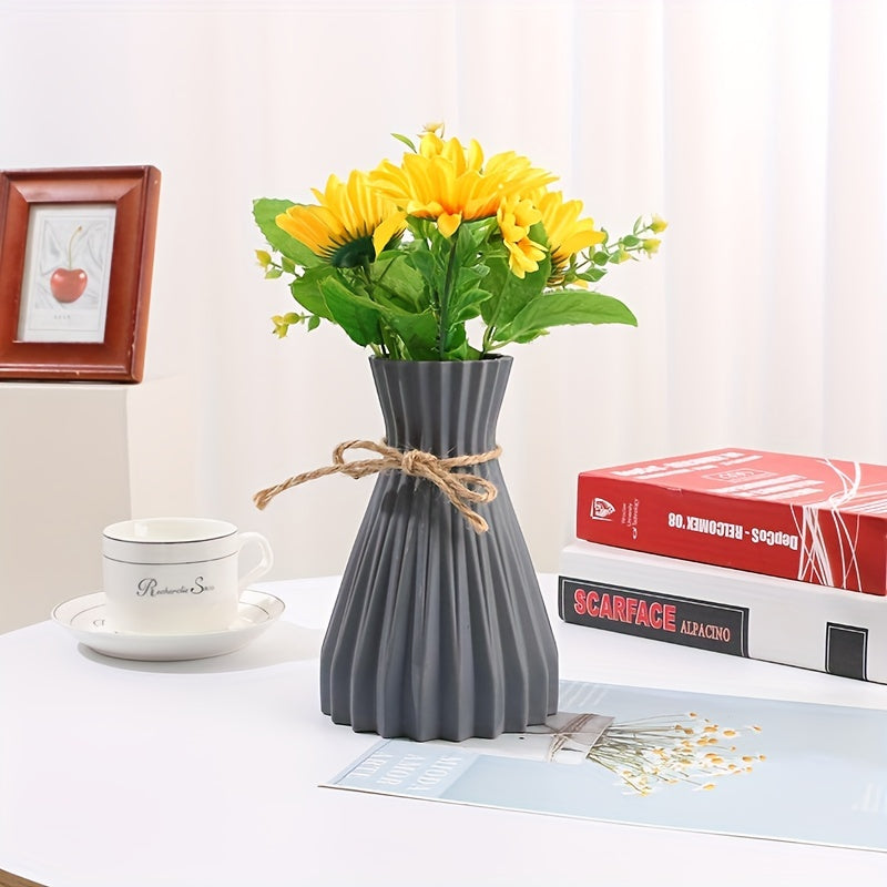 Modern plastic vase for living room or office table decoration, featuring a waist design suitable for flower arrangements. Nordic style with corrugated texture. Flowers not included.