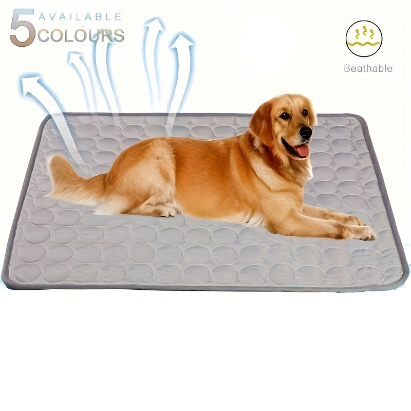 XL cooling pet mat for dogs & cats with non-slip, washable, scratch-resistant features. The gray mat with white zigzag pattern is waterproof and made of polyester to keep pets cool all