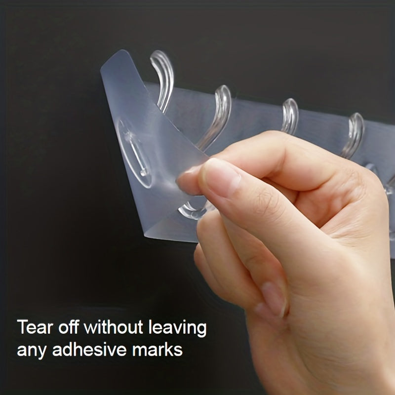 6-hook transparent adhesive wall mount hooks with fashionable design, easy no-drill installation, holds up to 20kg, includes crystal coat and cap holder for clothes, hats, bathroom, closet storage, and utility use.