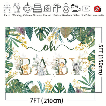 Gender-neutral Jungle Safari backdrop for a shower or birthday party, featuring golden accents, green leaves, and adorable animal illustrations. Dimensions 213.36x152.4cm.