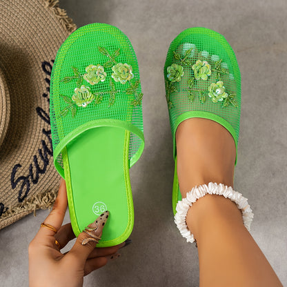 Women's Fashion Beaded Floral Slides - Lightweight Summer Indoor Shoes with Breathable Mesh, Almond Toe & EVA Sole