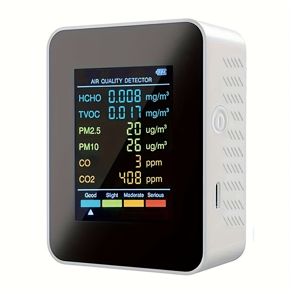 1pc 6-in-1 Premium Air Quality Monitor with Large LCD Display for Home and Office Use, accurately detects CO2, CO, PM2.5, PM10, HCHO, and TVOC with advanced sensor technology.