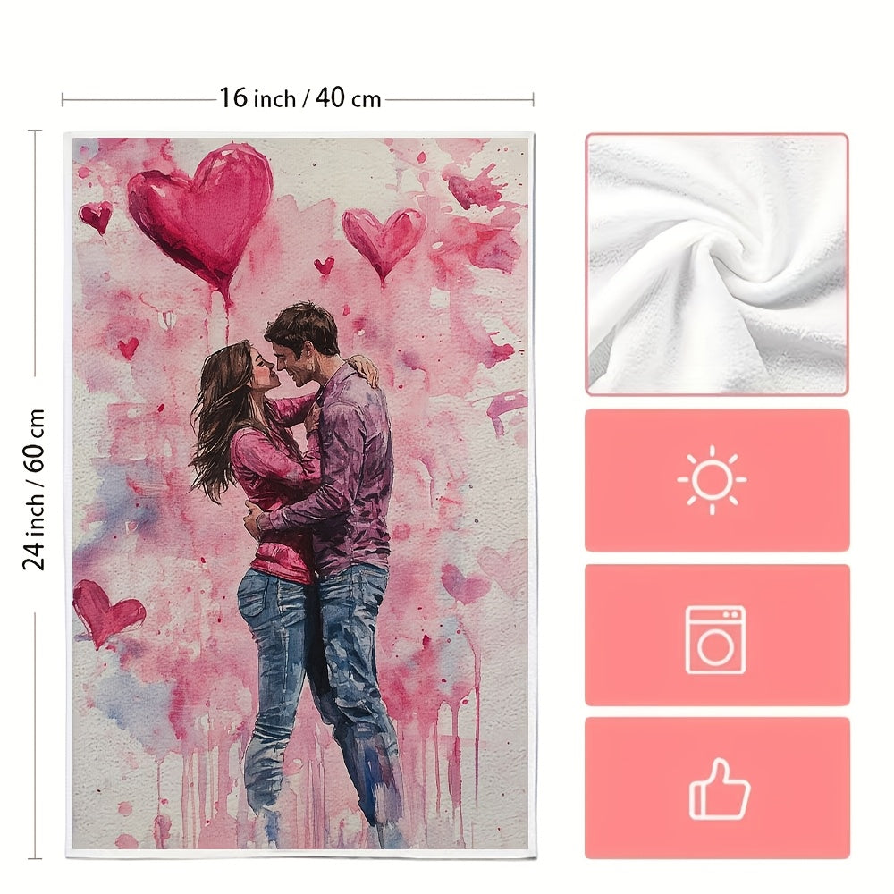 Set of 2 Valentine's Day Kitchen Towels for Lovers, Modern Coastal Design, Highly Absorbent Polyester Fabric, Easy to Clean in Washing Machine, Size 16x24 inches, Stylish Hand Towels for Holiday Decoration - SKU 2KYSYS1217571, Dish Towels Included