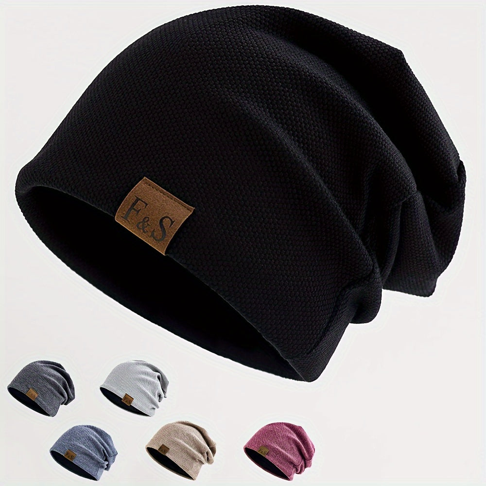 Christmas gift of a men's casual beanie hat made with a blend of cotton and soft, breathable polyester fabric. Features an alphabet pattern, high stretch, and is recommended for hand wash only.