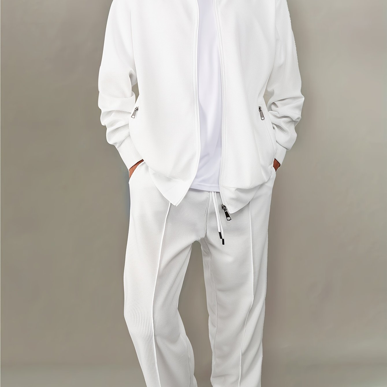 2-piece Men's Waffle Knit Casual Outfit: Solid White Long Sleeve Zip-Up Cardigan & Drawstring Pants Set. Comfortable polyester blend, perfect for daily wear or vacation in spring/fall.