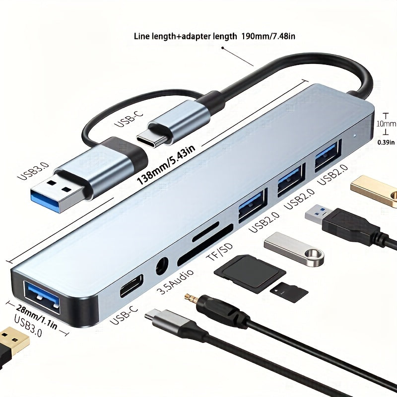 3.0 High speed USB C hub with 4 USB ports, USBC TF/SD card reader, and 3.5mm audio output. Compatible with MacBook Pro/iPad Pro/HP laptops/Galaxy phones.