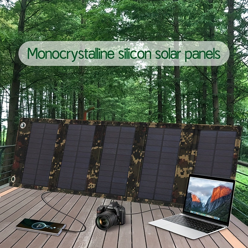 Durable 35W Portable Solar Charger Panel with USB Output - Ideal for Travel & Camping, Foldable, Solar-Powered without Battery, Non-Removable Photovoltaic Panel with Carabiner & Cable.