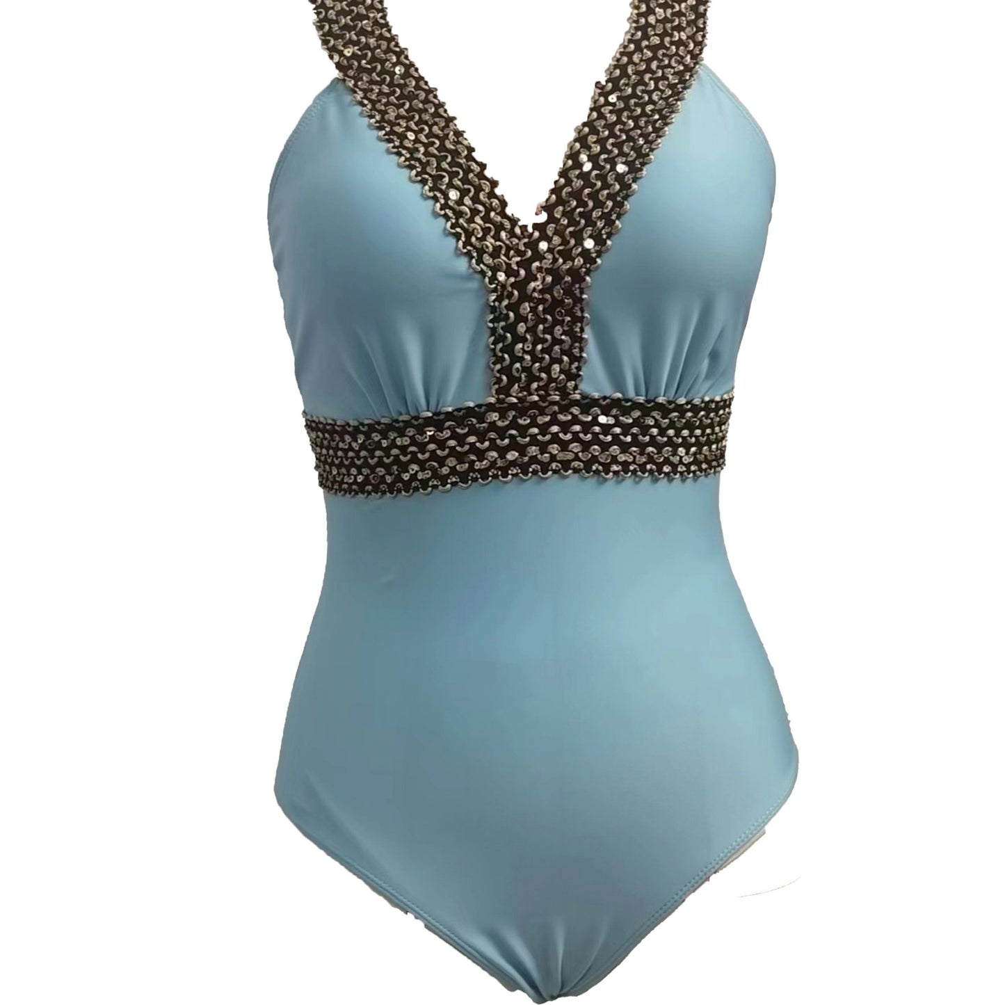 Compare Golden Band One-piece Swimsuit with V Neck Back Buckles Backless Bathing Suits for Women.