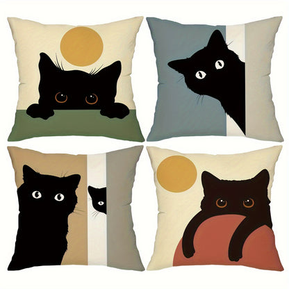 Set of 4 cat cartoon throw pillow covers, linen blend with zipper closure, machine washable, for various room types, 45.72x45.72 cm.