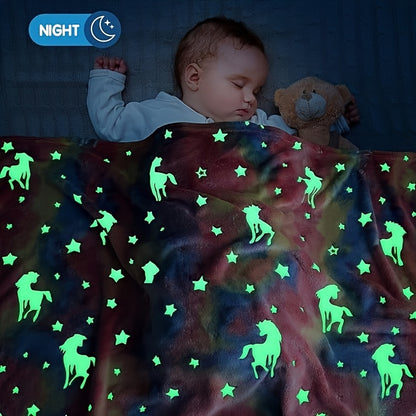 Bohemian Style Unicorn Glow in the Dark Throw Blanket for Kids - Soft Flannel Fleece, Great for Sofa, Bed, Car, and Office - Perfect Birthday Gift with Versatile Use - Machine Washable Polyester Blanket, Luminescent Anime Design, 250-300g