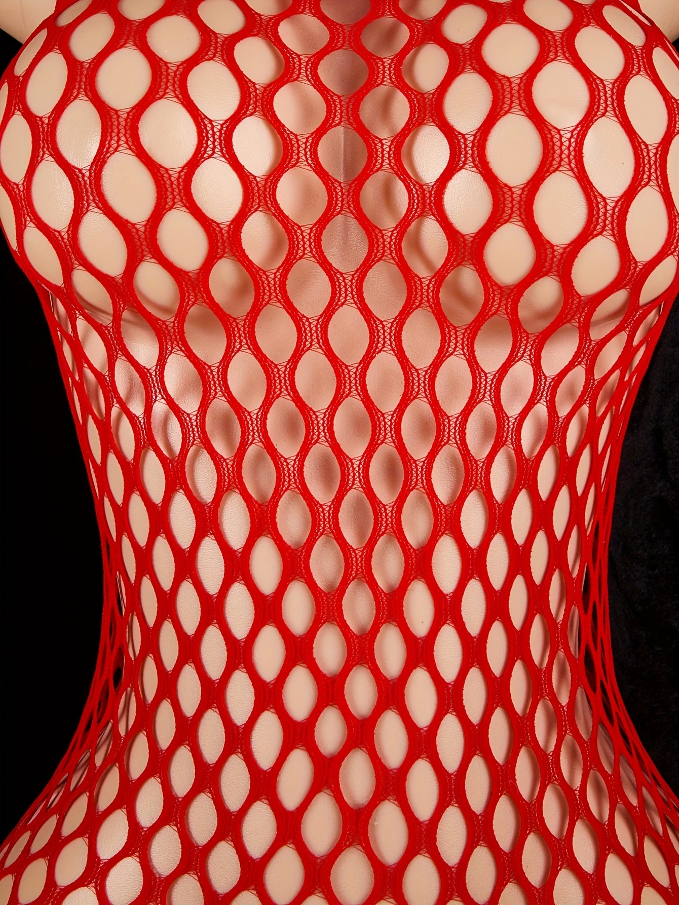 Valentine's Day Red Halter Fishnet Bodysuit with Open Crotch - Sexy Backless Lingerie for Women, Nylon & Elastane Blend, See-through Hollow-Out Design, Neck Strap