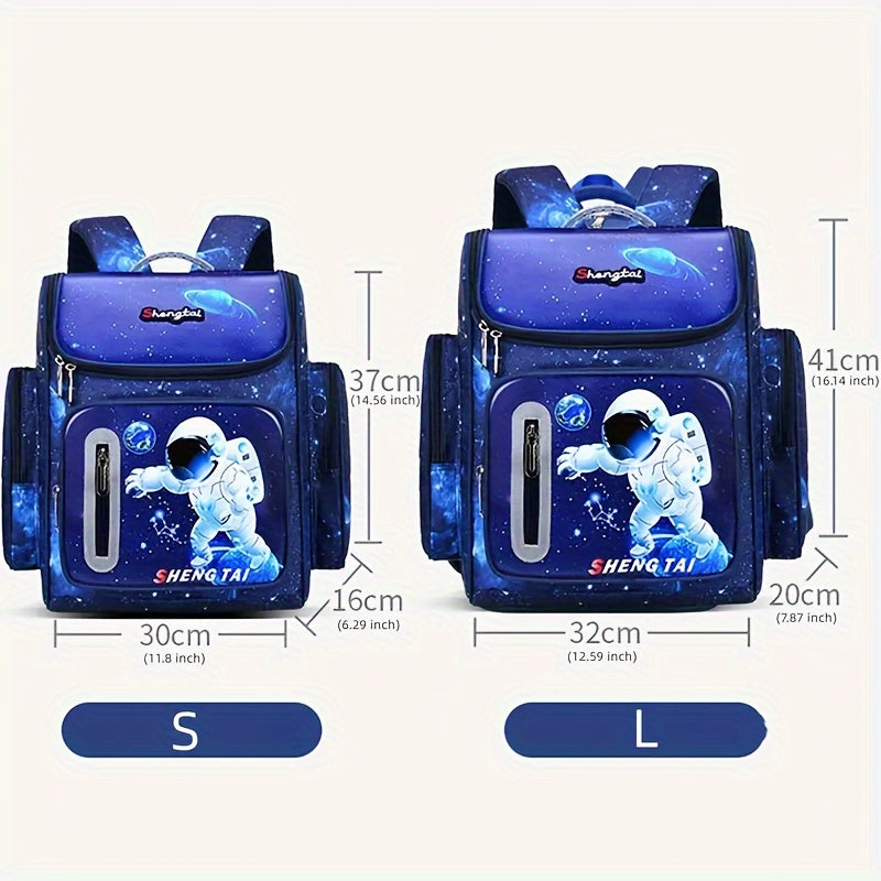 Waterproof school bag featuring cartoon astronaut design and large capacity.