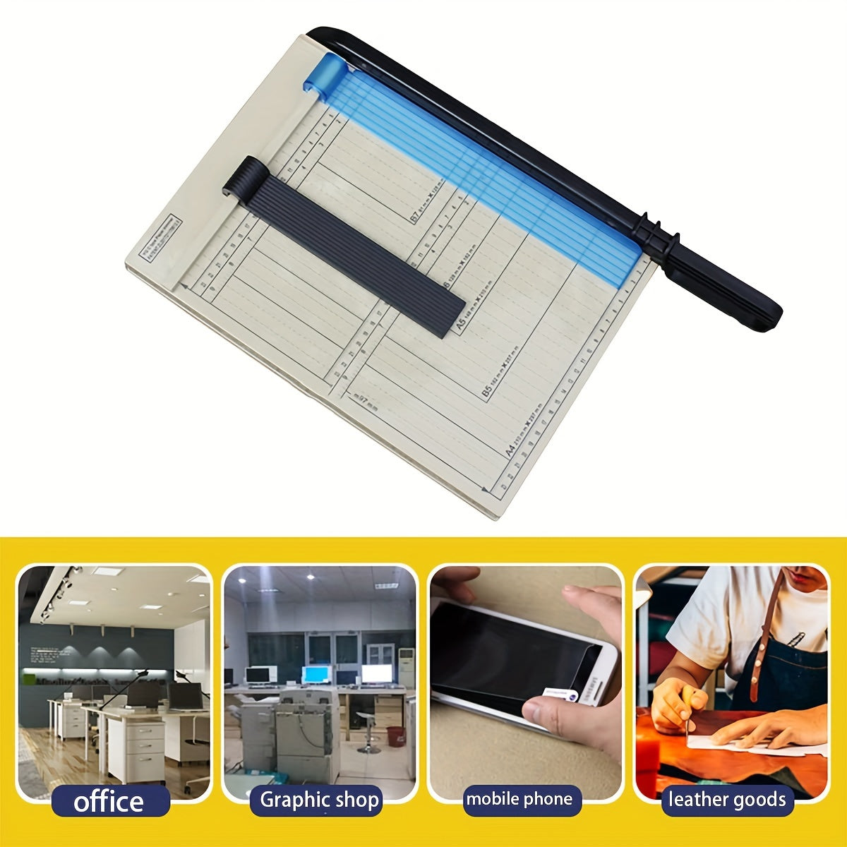 Portable A4 guillotine trimmer without electronic components for office, graphic shops, and crafting.