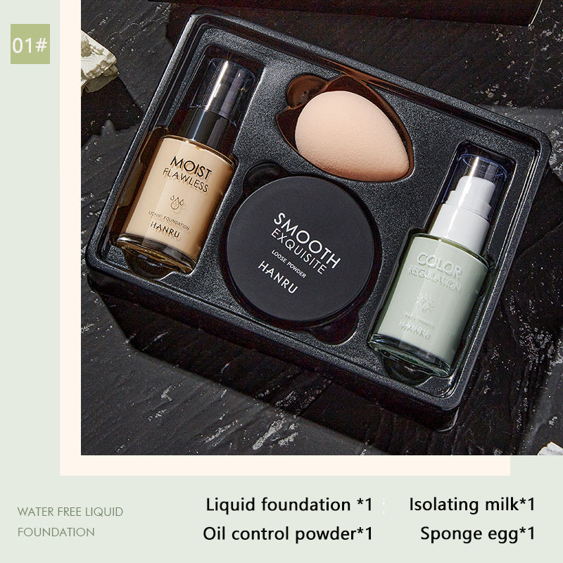 4 Pack Makeup Set with Isolation Liquid Foundation, Concealer, Loose Powder, and Oil Control. Contains plant Squalane. Ideal gift for Valentine's Day or Mother's Day.