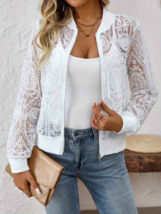 Women's elegant embroidered long sleeve jacket with zipper front in solid color, made of polyester knit. Suitable for casual wear in spring or autumn.