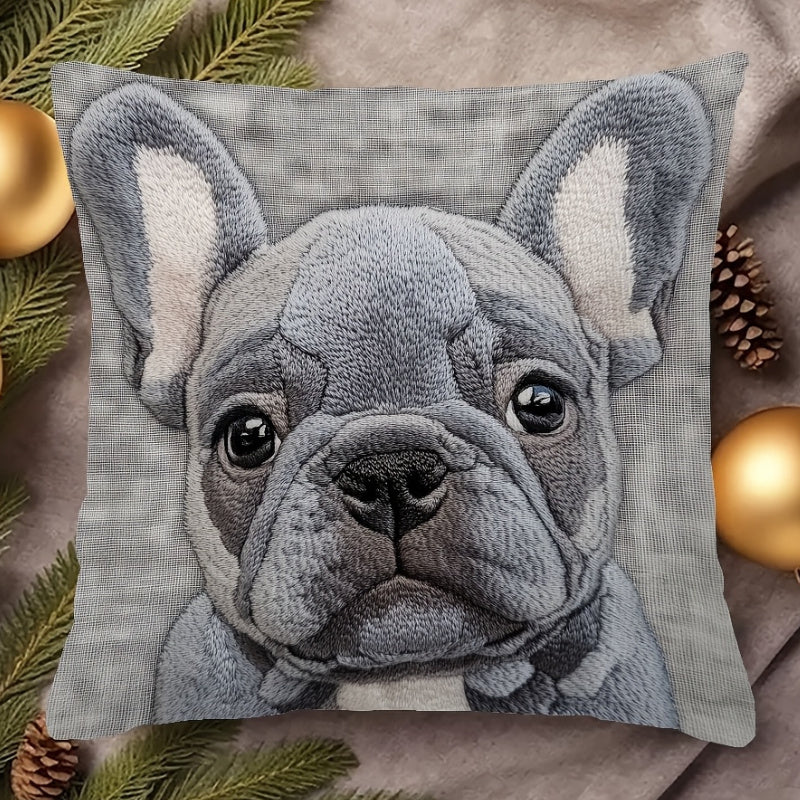 Grey Bulldog design throw pillow cover - 45.72x45.72cm, soft linen, machine washable with zipper closure. Ideal for home, office, or party decor.