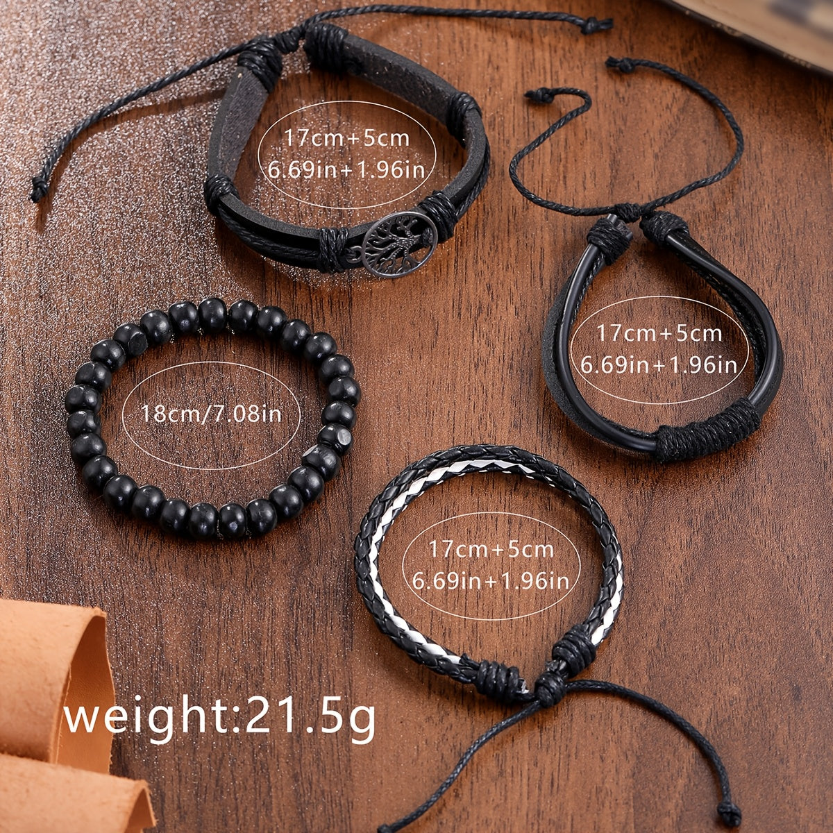 Men's watch set with 1 quartz watch and 4 bracelets, all featuring a black faux leather design.