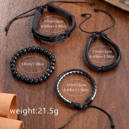 Men's watch set with 1 quartz watch and 4 bracelets, all featuring a black faux leather design.