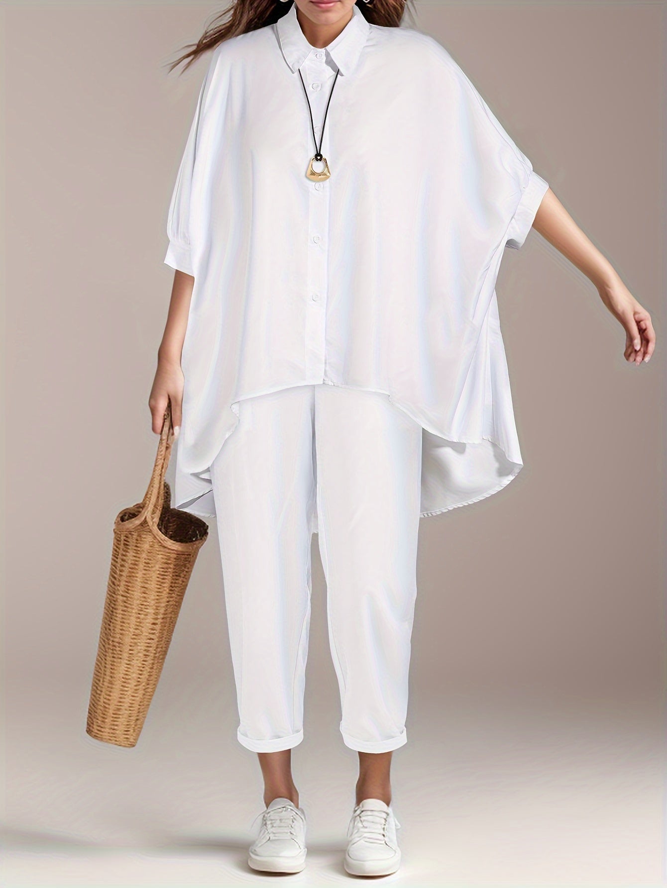 Polyester women's beach shirt set with batwing sleeves and asymmetrical hem - machine washable.